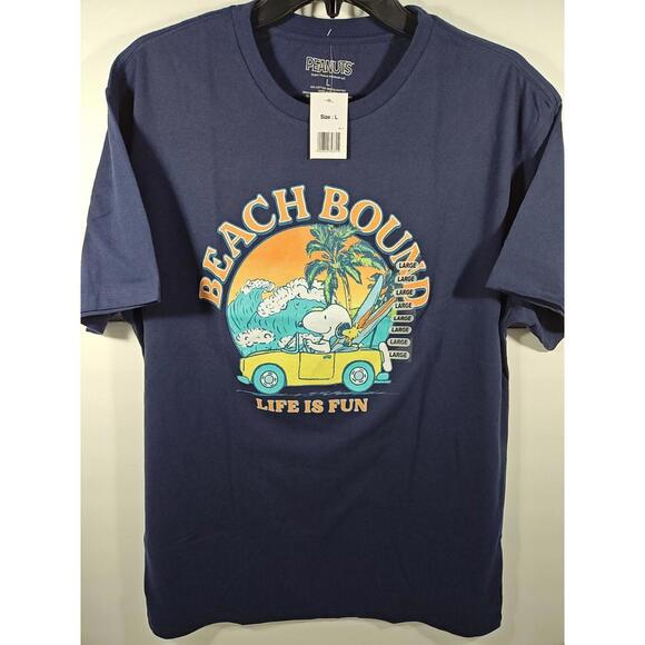 Peanuts Tops - Peanuts Snoopy & Woodstock Beach Bound Women's Size Large T-Shirt Navy NWT